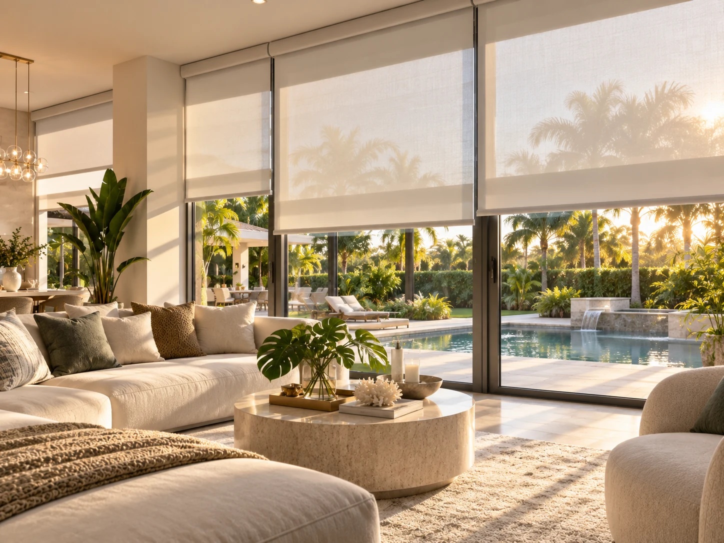 Motorized shades in a Kendall family room
