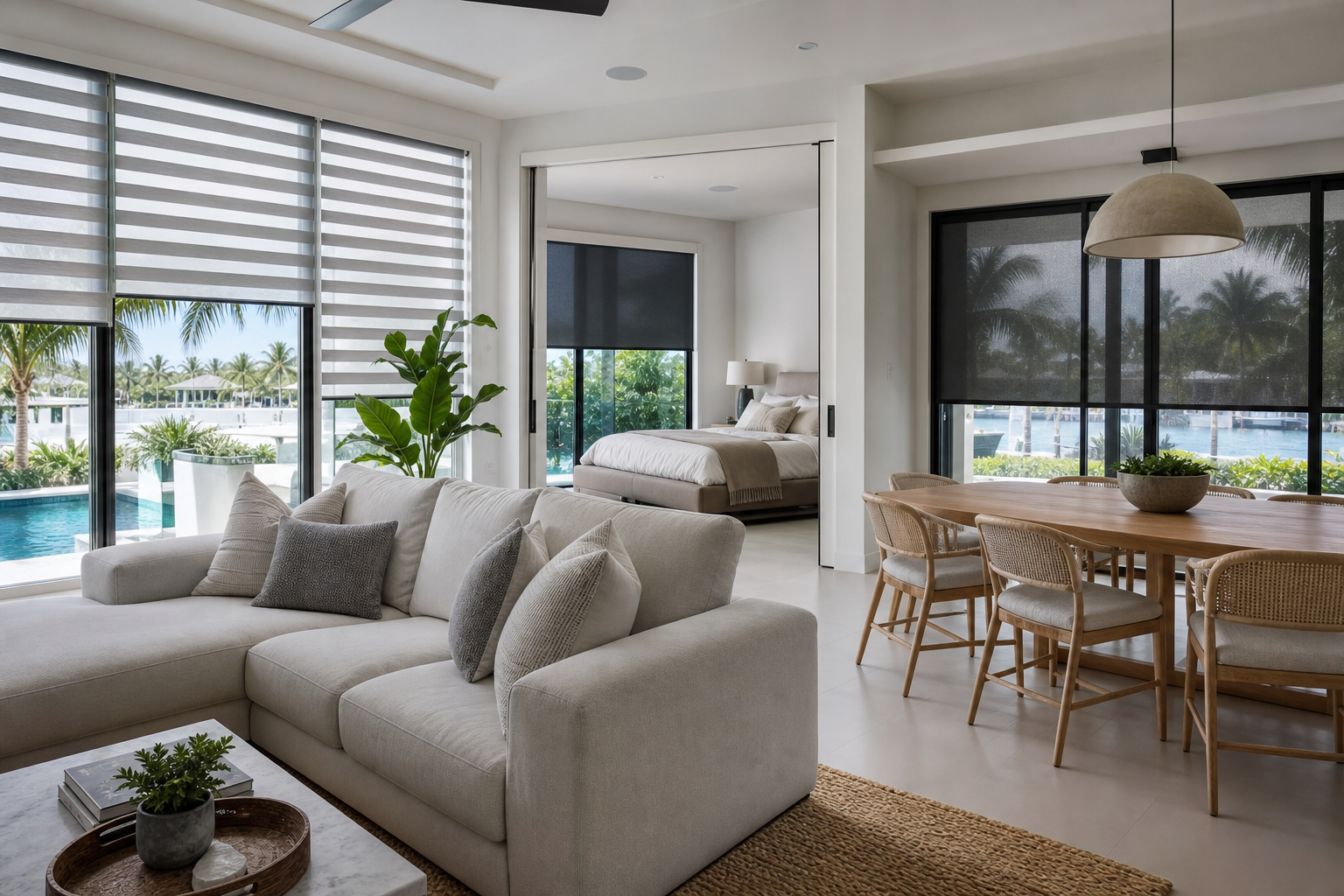 Modern South Florida home interior with custom shades in the living room, bedroom, and dining area