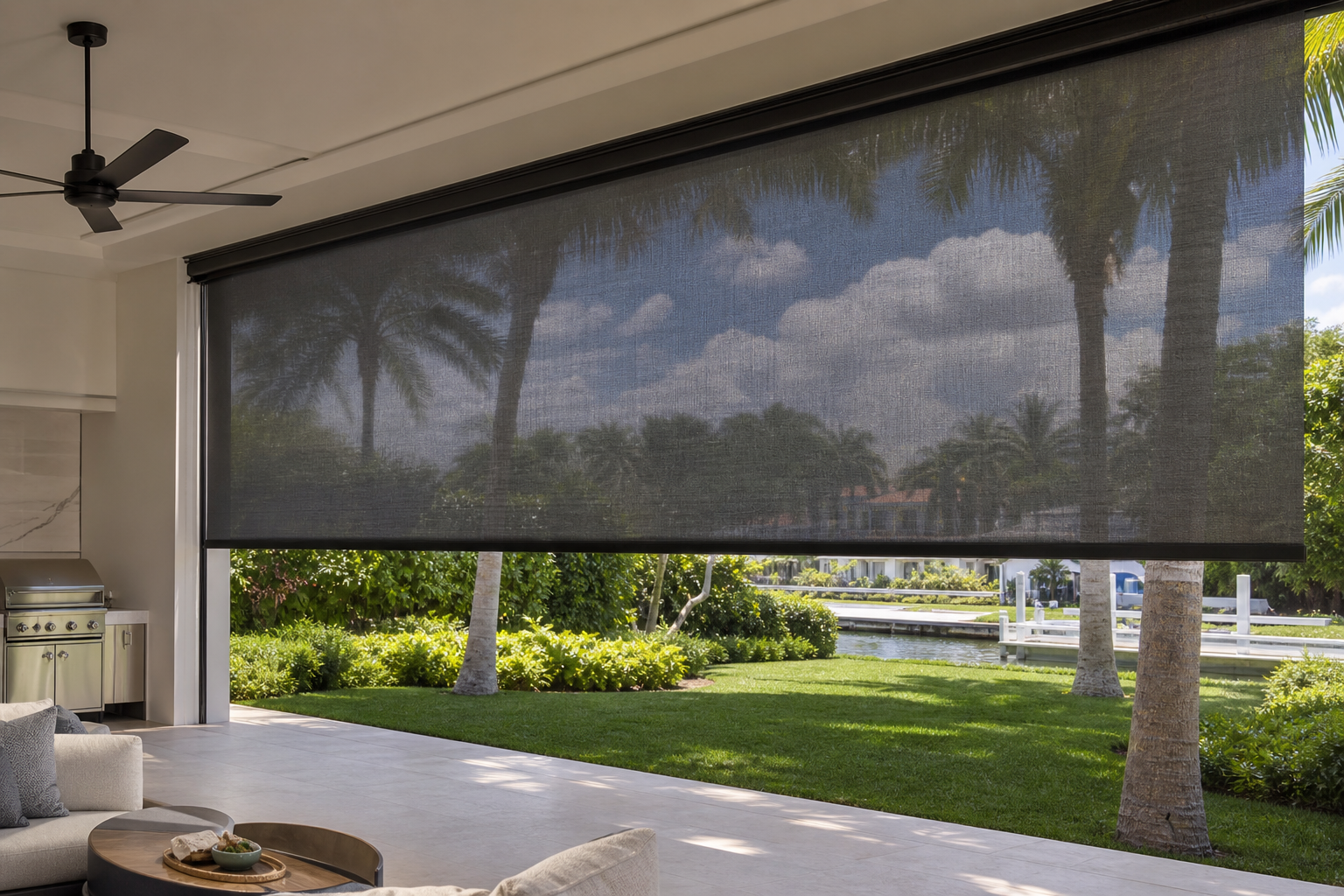 Clean retractable outdoor screen covering a bright South Florida patio
