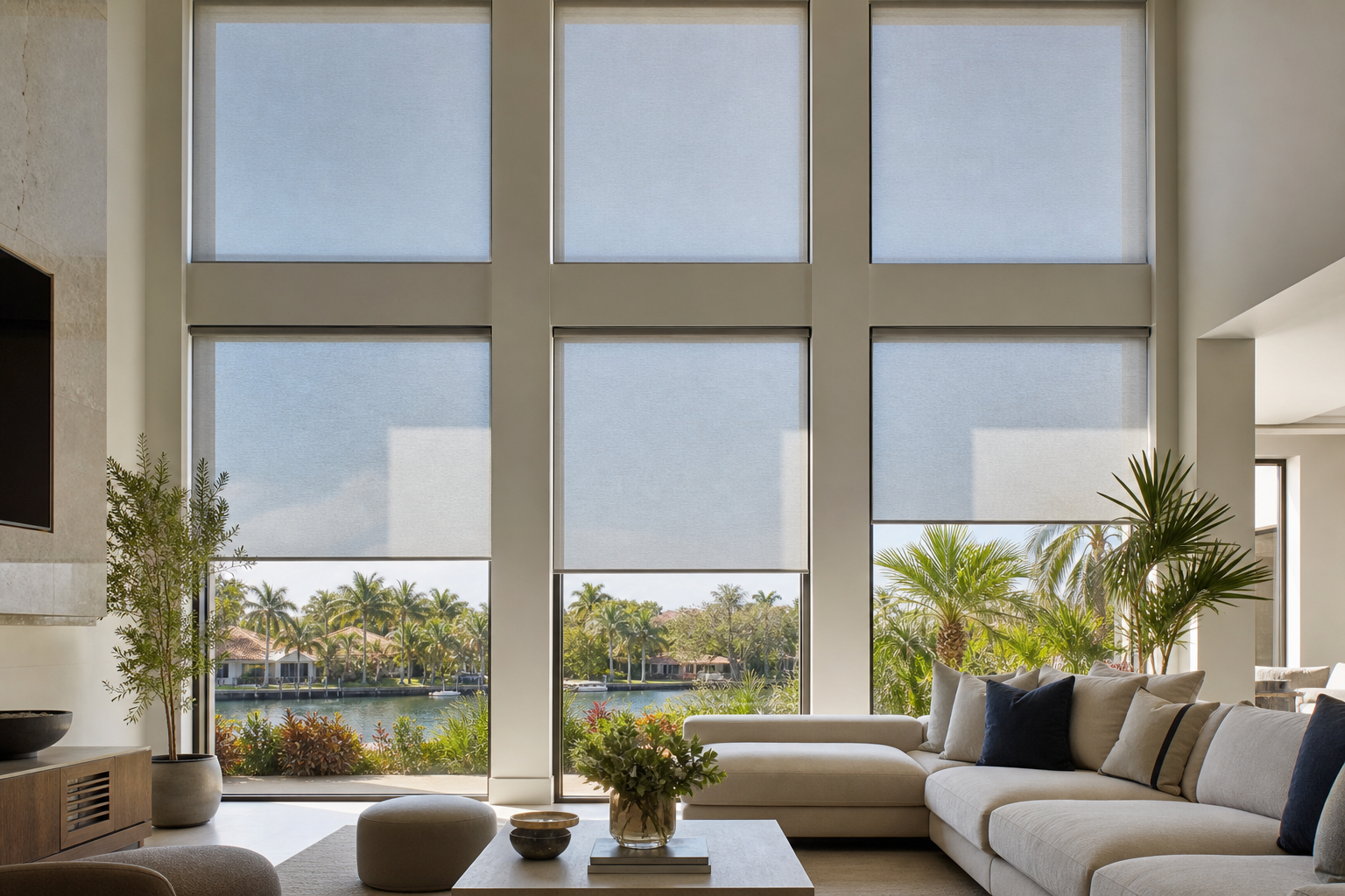 Modern South Florida living room with tall windows covered by motorized shades