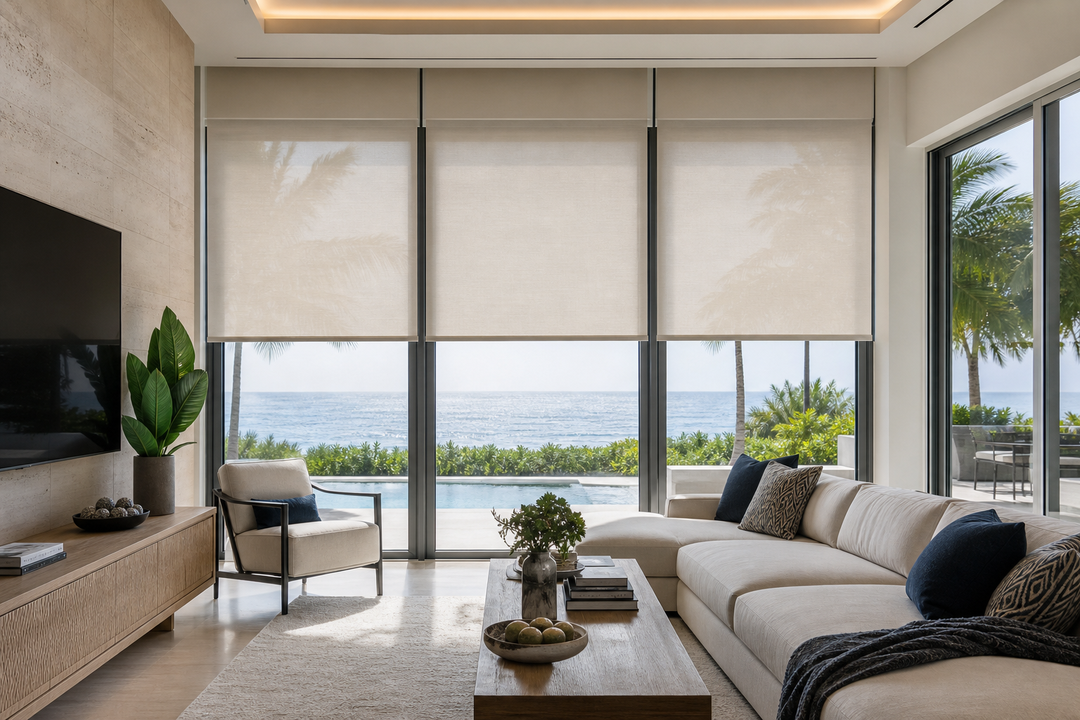 Motorized smart shades lowering over large windows in a bright South Florida living room
