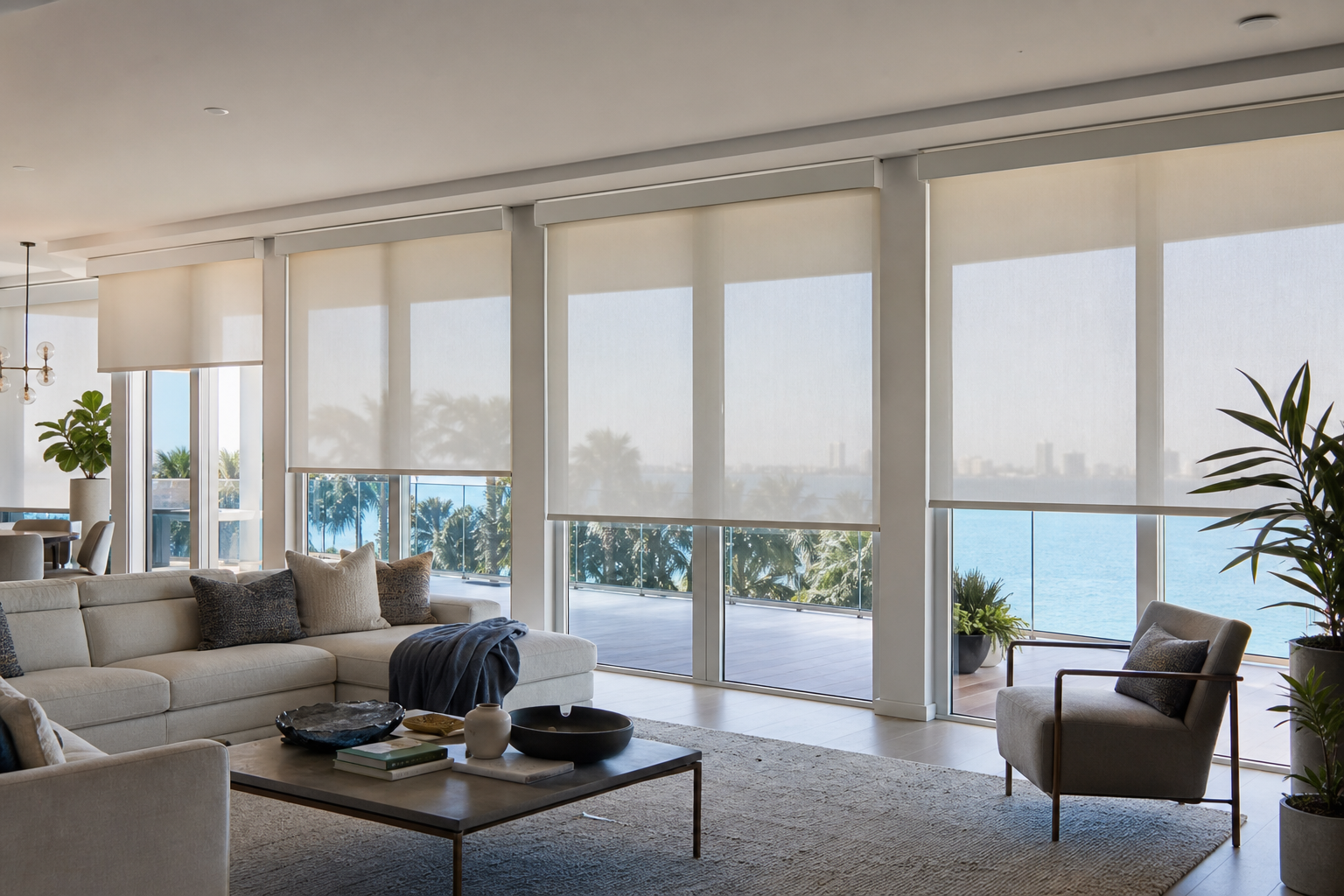 Modern Miami Beach vacation home living room with motorized shades covering large windows
