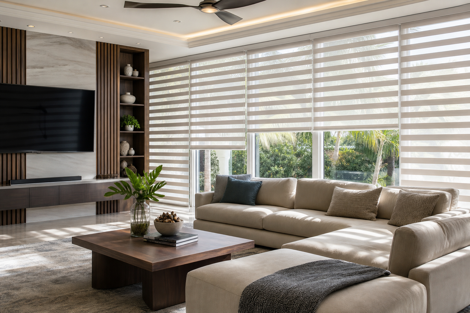 Modern South Florida living room with motorized zebra shades filtering sunlight across large windows